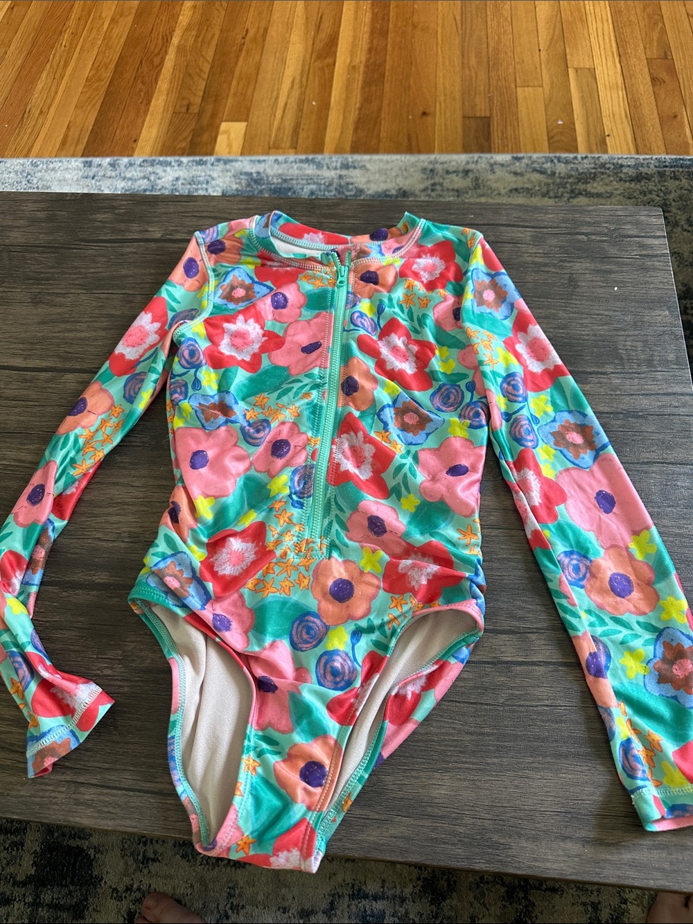 Tea Collection Floral Long-Sleeve Zipper Swimsuit - Pink & Teal